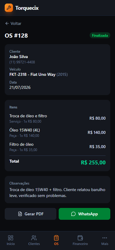 Ordem de serviço detalhada com itens, total, PDF e WhatsApp